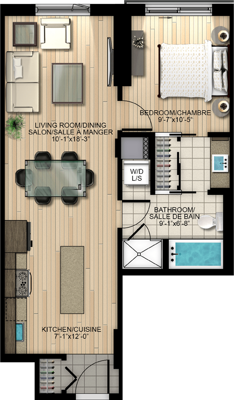 Floor plan for 1 bed, 1 bath, 611 sqft